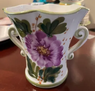 Vintage Signed FTD Hand Painted Flower Vase Double Handles From Portugal • $20