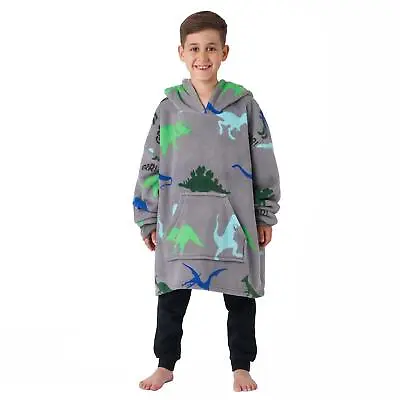 £10.99 • Buy Dreamscene Dinosaur Print Hoodie Blanket Soft Fleece Oversized Kids Throw - Grey