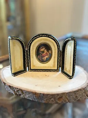 Vintage Madonna Of The Chair Hand Painting Miniature Leather Triptych N. Beretti • $295