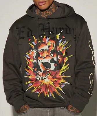 NWTs Ed Hardy MSRP $98 Charcoal Exploding Skull Graphic Hoodie Men's Size Large • $59