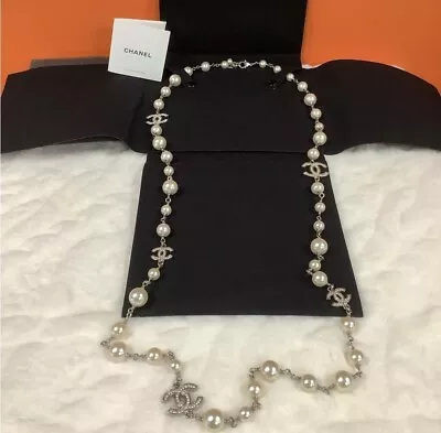 Authentic Chanel 5 Cc Logo Classic Long Crystal And White Pearl Necklace • $1800