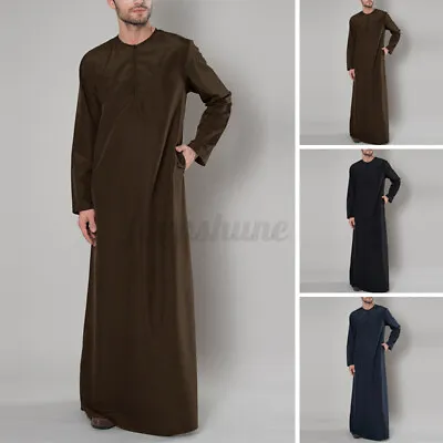 Muslim Mens Kaftan Saudi Arab Jubba Long Sleeve Kaftan Tunic Dress Shirts Throbe • £10.67