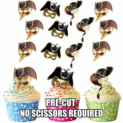 PRECUT Masquerade Masks Black Gold Party Ball Edible Cupcake Toppers Decorations • £3.75