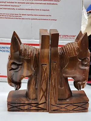 VTG Hand Carved Solid Wood Horse 2 Heads Book Ends Large Heavy 12  MCM • $45