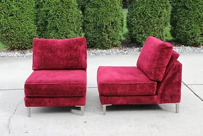 Vintage Mid Century Modern Boucle Sherpa Slipper Chairs Ruby Red - A Pair • $799