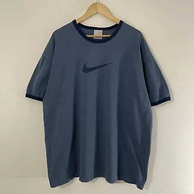 Vintage Y2K Nike Swoosh Logo Ringer T Shirt 90s Grunge Skate Faded Navy Blue XL • $30