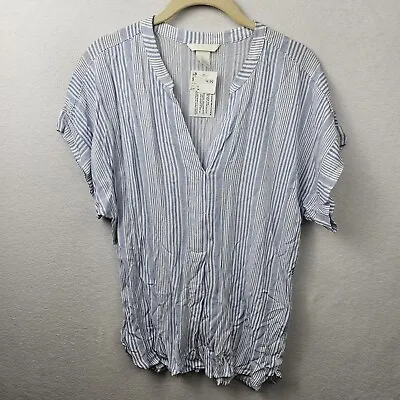 H&M Shirt Woman’s Size 2 Blue White Stripes Short Sleeve Blouse NWT • $12.99