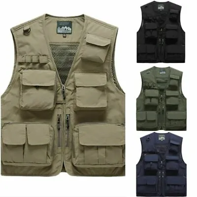 Men Sleeveless Multi-Pocket Waistcoat Safari Gilet Jacket Hiking Fishing Vest UK • £17.88