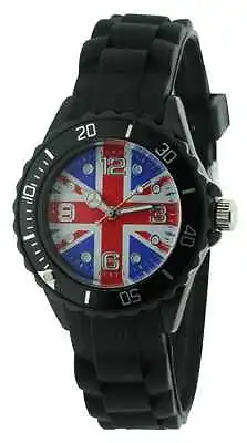 Ladies/ Girls/ Youth / Teen / Fashion Union Jack Watch Black Silicone/Rubber 12b • £12.99