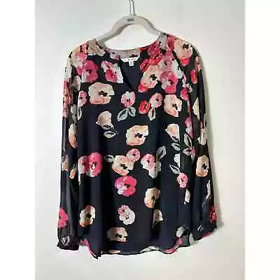 Cabi Dark Blue Floral Sheer Sleeve Blouse Sz S • $10