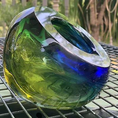 Vintage Gorgeous Murano Glass Green Blue Faceted Orb Ashtray • $160