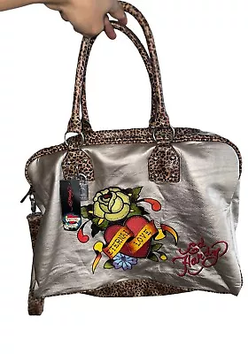 Vintage Ed Hardy Gold Leopard Print Purse Handbag Eternal Love Bag Satchels • $116.99