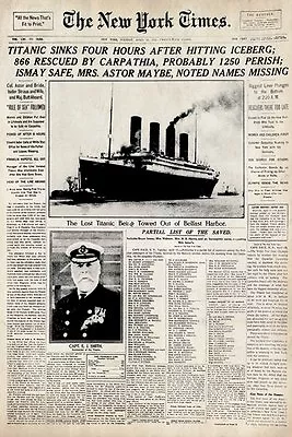 TITANIC NEW YORK TIMES POSTER 61x91cm * Newspaper Historic Partial List Of Saved • $12.95