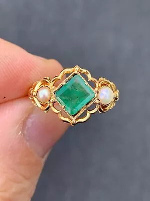 18ct Gold Natural Emerald Cultured Pearl Ring Victorian • £97