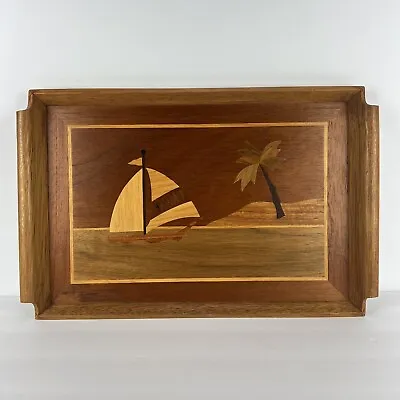 Vintage Hawaiian Motif Wood Tray Tiki Bar Decor Sailboat Palm Tree Island 19in • $125