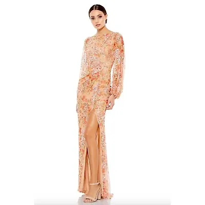 MAC DUGGAL Floral Print Bishop Sequin Apricot Maxi Dress Size 16 • $359.99