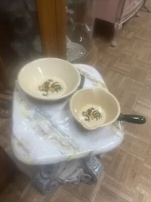 Metlox Poppytrail California Provincial Green Rooster Serving Bowl Pair Handles • $29