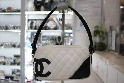 CHANEL Cambon Line Coco Mark Quilted Leather Bag - Black & White • $1049