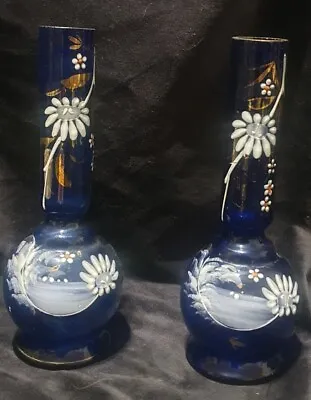 Antique Bohemian Cobalt Blue Glass & Hand Painted And Enamelled Flowers Vases. • $30