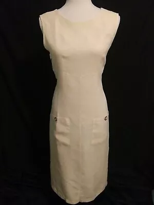 Russ Berens Sz.S Linen Dress Buttons Pockets Drawstring Sleeveless Beige/yellow  • $18.99