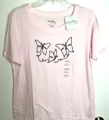 Coral Bay Womens Top Size L Pink Butterfly Wide Scoop Short Sleeve Casual • $13.85