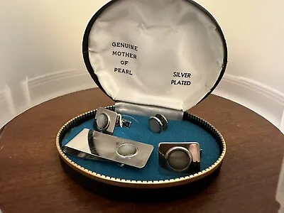 Shields Silver Plated Mother Of Pearl Cuff Links Money Clip Original Box 4 Piece • $10