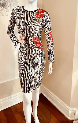 NK32 Naeem Khan Leopard Sheath Dress W/ Floral Appliqué Size 2 • $179