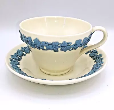 Vintage Wedgwood Cup & Saucer Lavender Blue On Cream Embossed Queensware England • $59.99