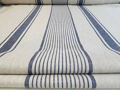 Natural 100% Linen Natural & Indigo Blue Stripe Sample • £2