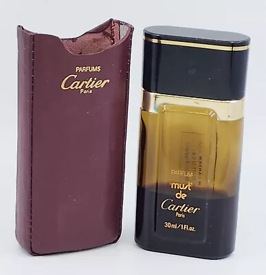 VINTAGE MUST De CARTIER 1 Oz SPLASH PERFUME With LEATHER POUCH • $150