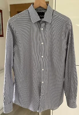 M&S Sartorial Superior 2 Fold Cotton Shirt Navy  Blue And White Stripe 16.5 New • £19.99