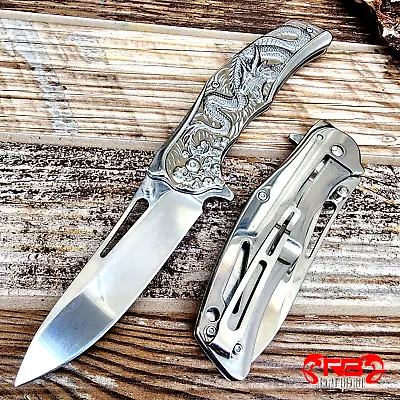 8” Silver Dragon Knife Tactical Spring Assisted Open Blade Folding Pocket Knife • $16.96