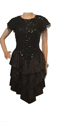 VTG 80s Zum Zum Black Backless SEQUIN Tiered Party PROM DRESS Size 5 • $65