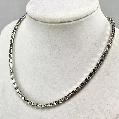 Vintage Mazer Bros Clear Baguette Rhinestone  & Silvertone Choker Necklace • $65