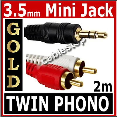 2m Twin RED WHITE 2x RCA PHONO To Stereo 3.5mm Mini Jack STEREO Audio Aux Cable • £3.75