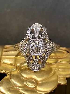 Antique Art Deco Platinum European Mine Diamond Filigree Ring .40ct Center • $1260