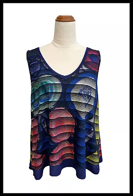 DESIGUAL Women's Blue Striped Colourful Geometric Stretch Sleeveless Top XL 14 • $34.95