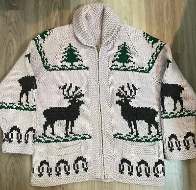 Vintage Cowichan Shawl Cardigan Hand Knit Sweater Reindeer Wool Clark Coats Zip • $65