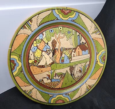 Vintage Mexico Redware Clay Pottery Hanging Wall Plate Folk Decorated 12-1/4  • $100