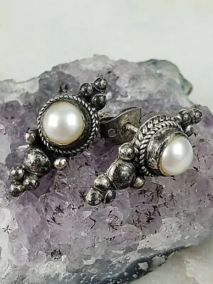 Vintage Sterling Silver 5mm White Pearl Bali Style Earrings 3.6 Grams • $22.40