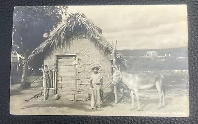 RPPC 871 Desentis Jr. Photo Young Boy Burro Donkey Mud House 1940 Rural Mexico • $20