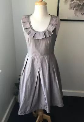 CUE Ladies Grey Check Sleeveless Ruffle Neckline Fit N Flare Midi Dress Size 8 • $55