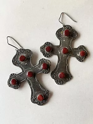 Vintage Mexican Sterling Silver & Red Agate Stone 2 Inch Earrings • $25