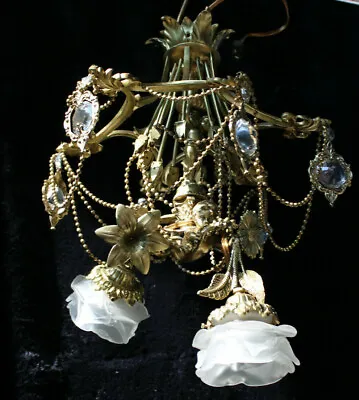 Vintage Bronze Glass French Cherub Putti Angel Pendant Lamp Chandelier  • $1225