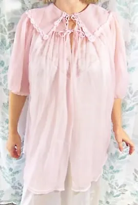 Rare Dreamy Ginsburg Pink Sheer Embroidered Chiffon Short Peignoir Robe L Xl Evc • $29.39