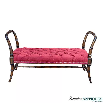 Vintage Hollywood Regency Coastal Faux Bamboo Bentwood Red Tuft Window Bench • $800