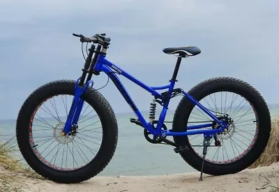 $536 • Buy Blue 26  Fat Tire Bicycle Full Suspension Downhill Beach Mountain Bike 21 Speed