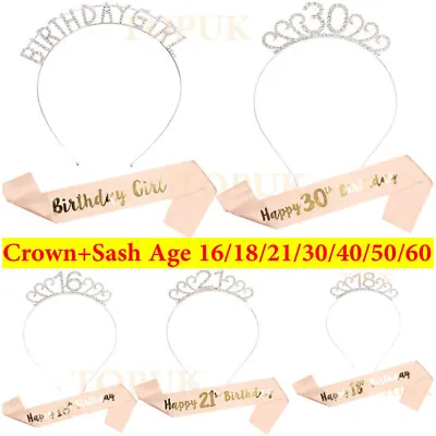 Birthday Silver Rhinestone Tiara Crown Rose Gold Sash 18/21st/30/40/50th Party • £5.59