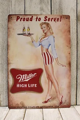 Miller Beer Sexy Pinup Girl Tin Sign Poster Bar Man Cave Vintage Rustic Style   • $10.97