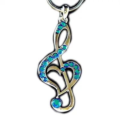 Silver Tone Blue Crystal Treble G Clef Music Note Heart Pendant Chain Necklace • $10.95